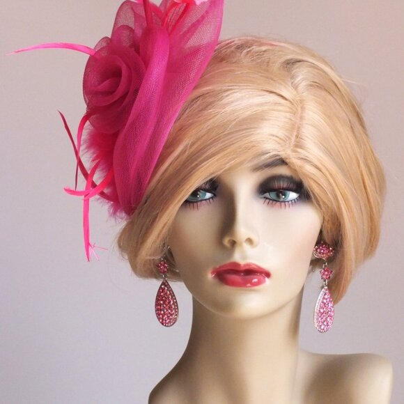 Pink Headband Fascinator with Pink Feathers and Pink Rosettes - Picture 2 of 14